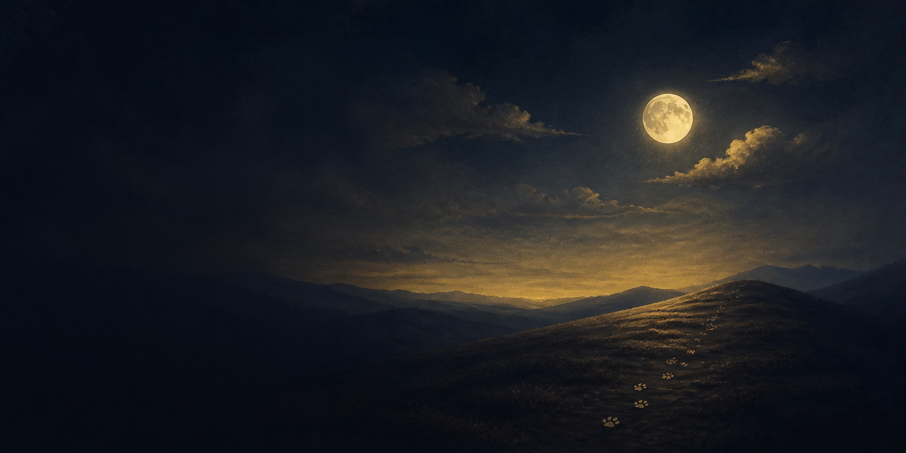 Moonlit hills with a quiet trail of paw prints