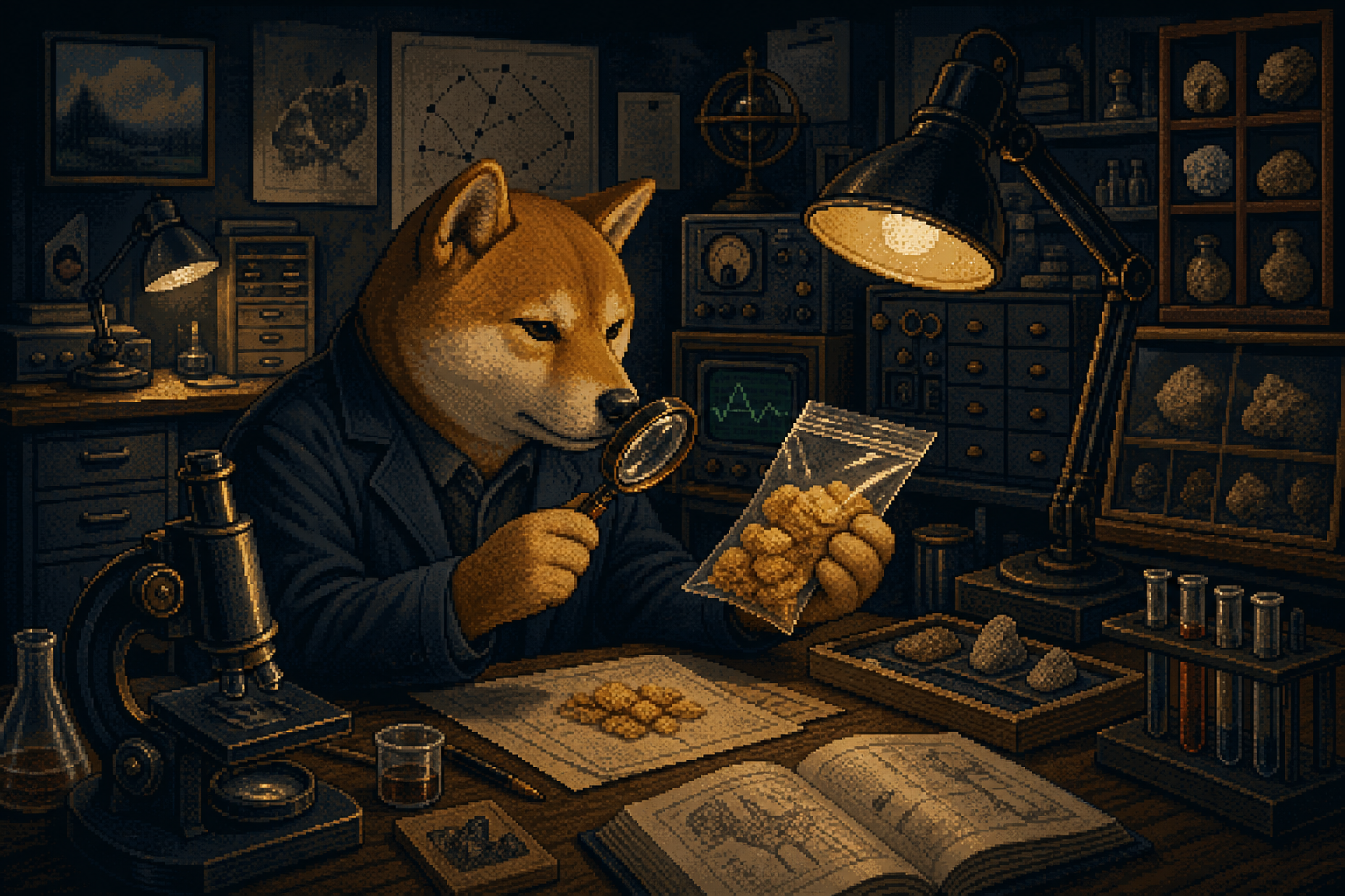 Pixel-art Shiba Inu researcher examining a snack sample in a dark laboratory
