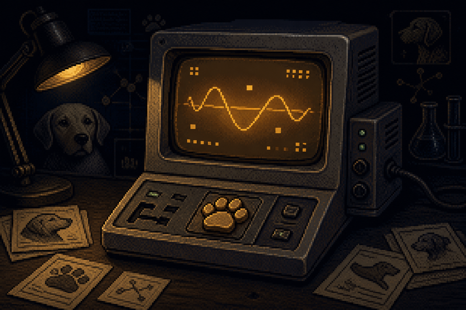 Pixel-art laboratory CRT terminal with a glowing paw-shaped input key